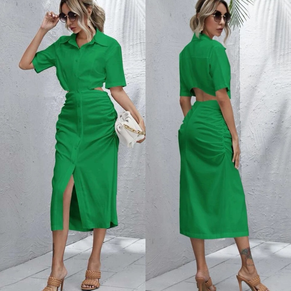 Button front ruched detail cut out shirt dress
